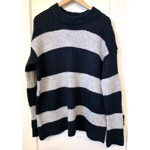 Vtg Women Blue Gray Alpaca Wool Blend Rugby Stripe Sweater M Academia Ski Preppy